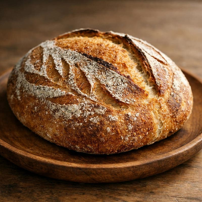 A scored round sourdough loaf on a wooden board